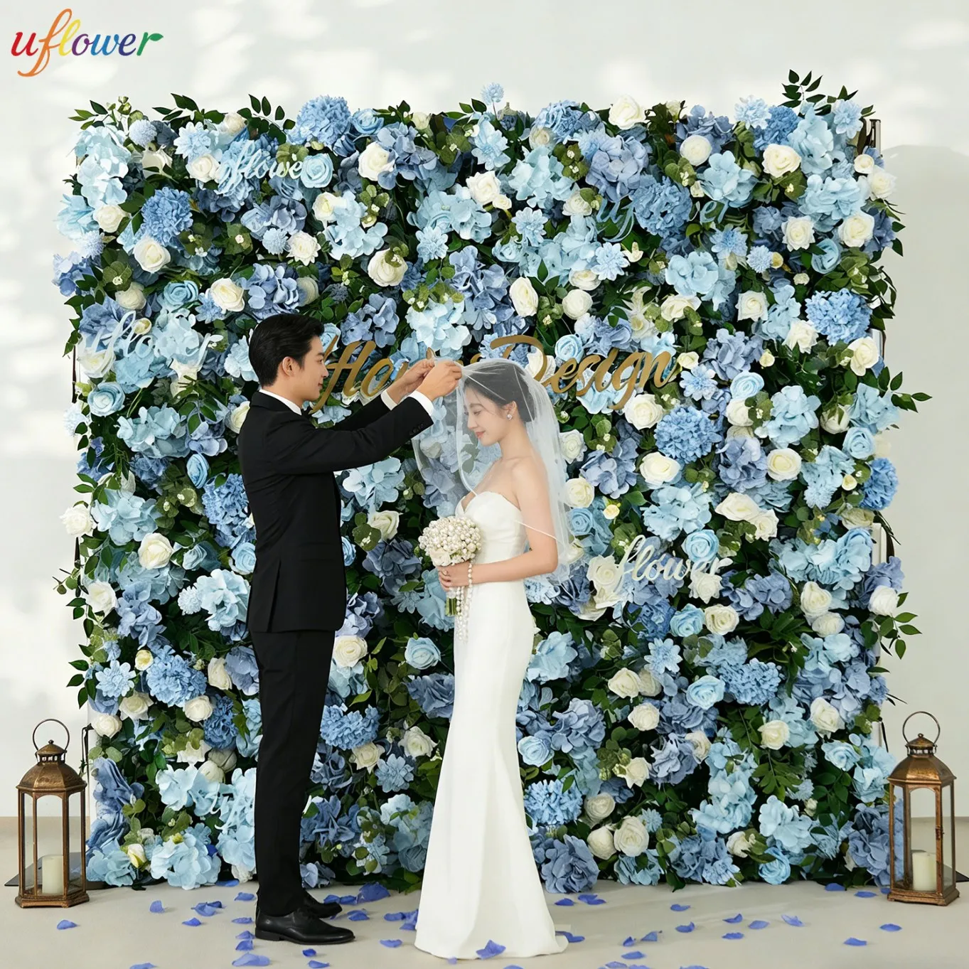 

Uflower Blue Rose Hydrangea Greenery Roll Up Cloth Flower Wall Arrangement Wedding Backdrop Decor Hanging Plants Wall Party Prop