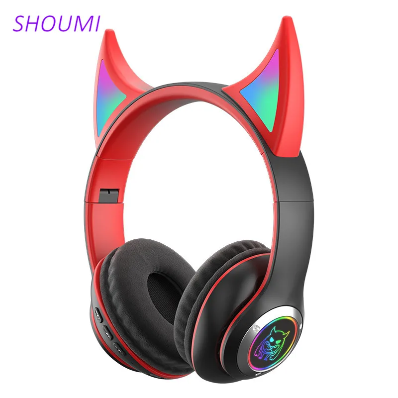 RGB Flashing Devil Ear Headphone Bass Demon Headset Bluetooth 5.0 Noise Reduction with Mic,For Kids Boys Helmet Gifts Music Game