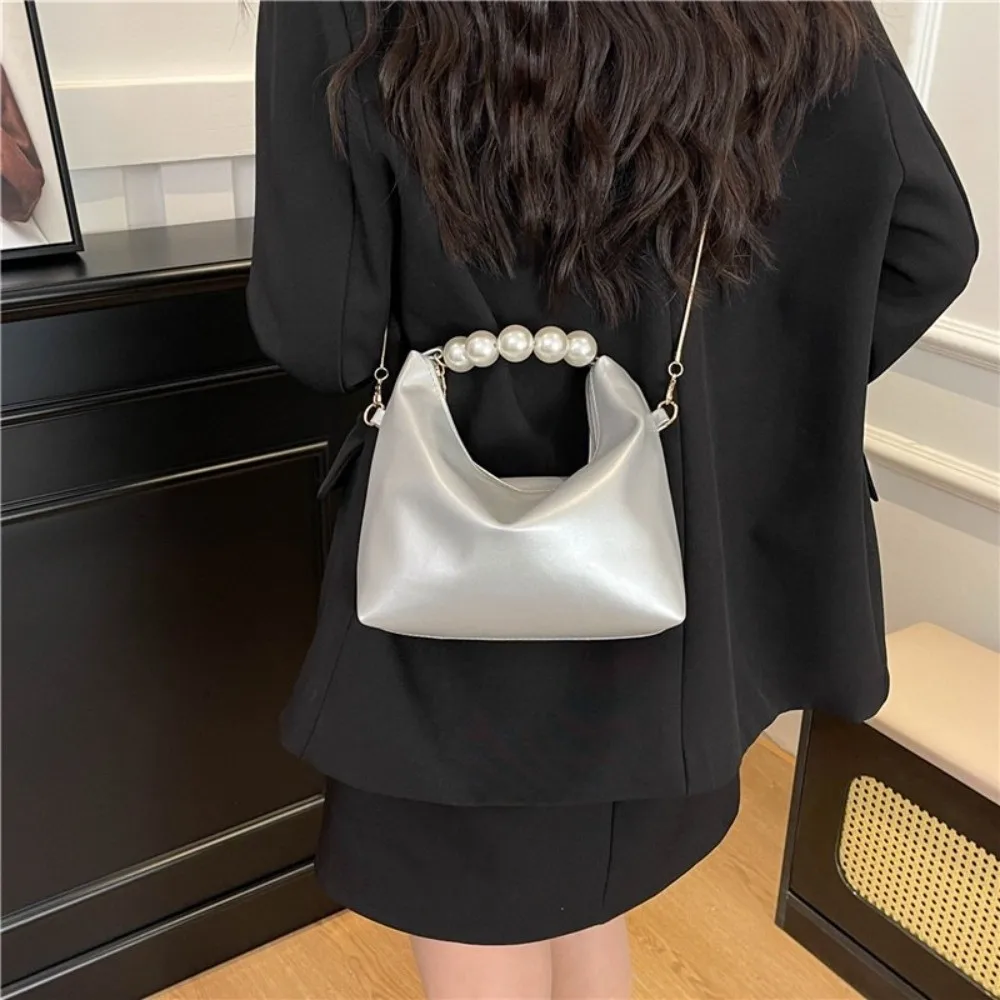 

Chain Pearl Handle Handbag PU Leather Korean Style Cloud Shoulder Bag Lightweight Solid Color Women Crossbody Bag Children's