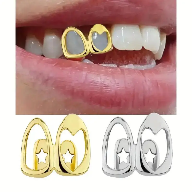 Hohle Herz-Stern-Zahnschmuck-Grillz, Doppelkappe, Strass-Zahnschmuck, Hip-Hop, glitzernde Zahnverzierung für Bühnenshows und Partys – Detail 1