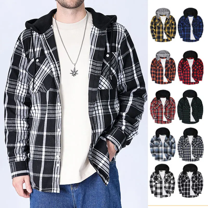 American size men\'s long sleeve shirt spring new fashion Europe and the United States casual hooded plaid coat ground flannel