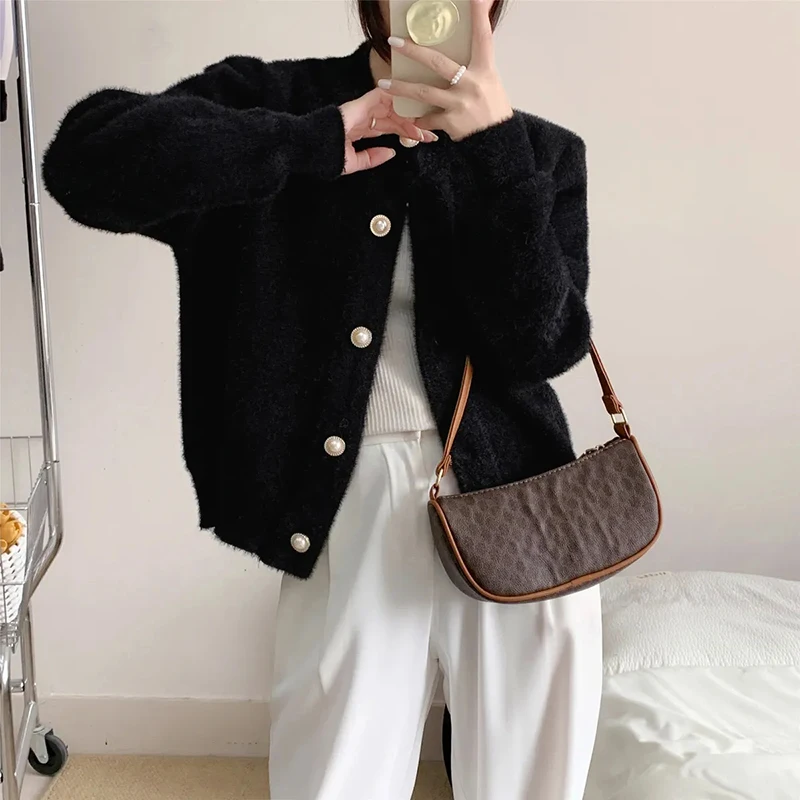 

Imitation Mink Fur 3D Flower Sweater Women Loose Long Sleeved Single Breasted Jacket Spring New KoreanO-neck Knitted Cardigan