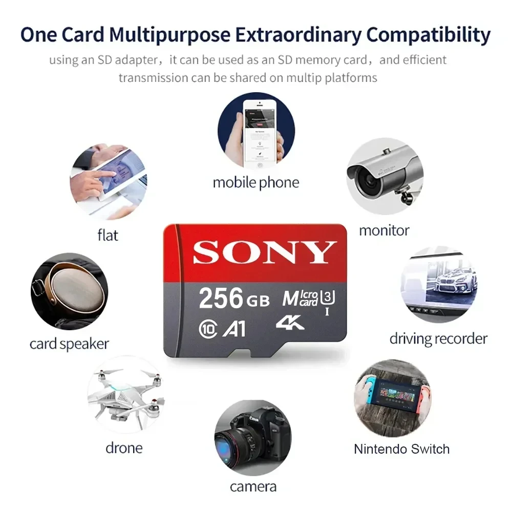 Sony Micro SD Card High Speed SD Memory Card 128GB 256GB 64GB MicroSD U3 A2 TF Card, suitable for various phones/tablets/cameras