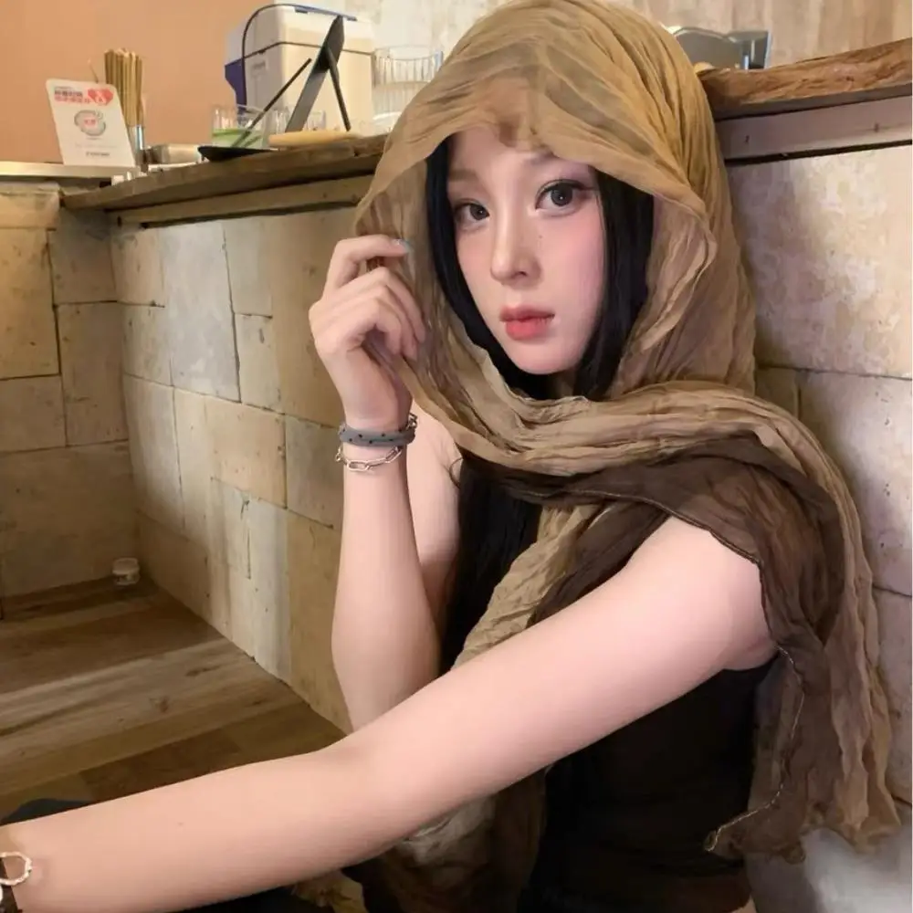 Syal Jilbab Selendang Lipat DIY Lipatan Panjang Selendang Warna Berubah Bertahap Syal Katun dan Linen Gaya Etnik Retro Syal Panjang Wanita