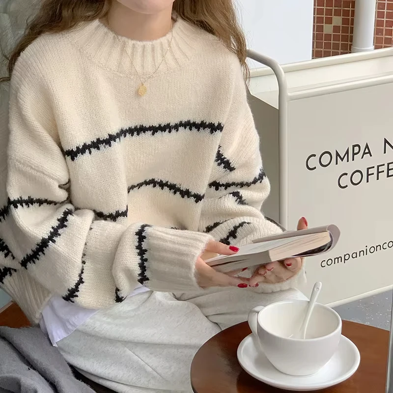 

Women Sweater Casual Pullovers Autumn Winter Basics Knitted Korean Loose Striped O-neck Long Sleeve Elegance Sweet