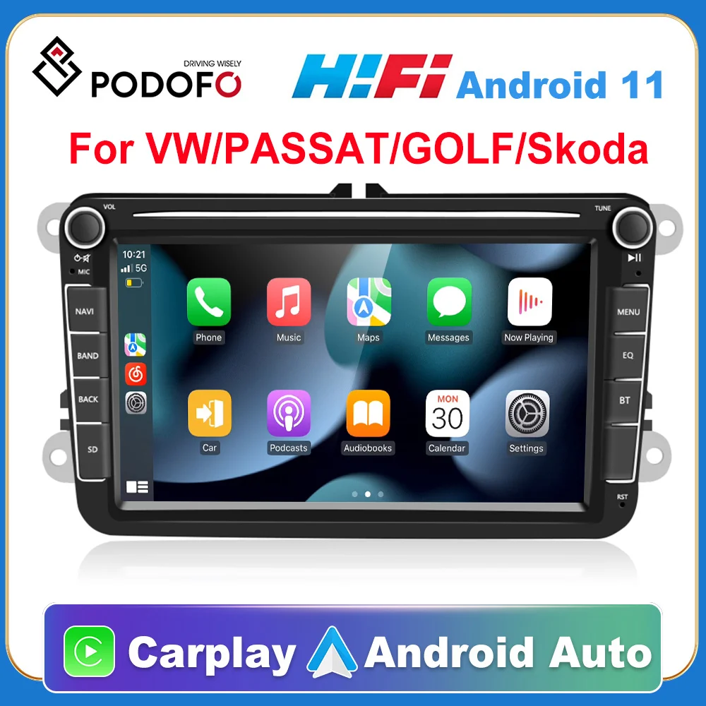 Podofo-Leitor Multimédia Automóvel, 2 DIN, Andróide 10, 8 + 128, GPS, Autoradio, Rádio para VW, Volkswagen, Golfe, Polo, Passat, B7, B6, Leon, Skoda