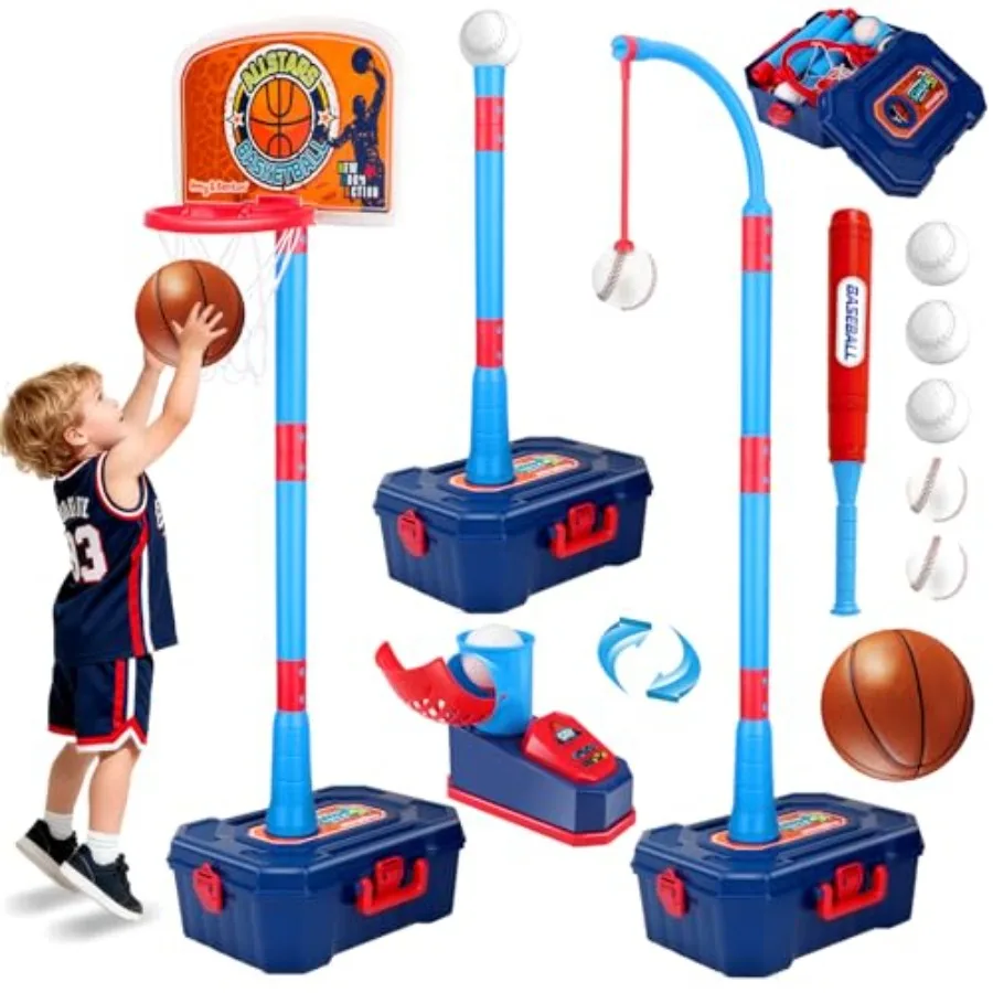 

4 in 1 Basketball Hoop and Tball Set for Toddlers 3+ Adjustable Basketball Stand Hanging Tee Baseball Toy Set Portable Indoor O