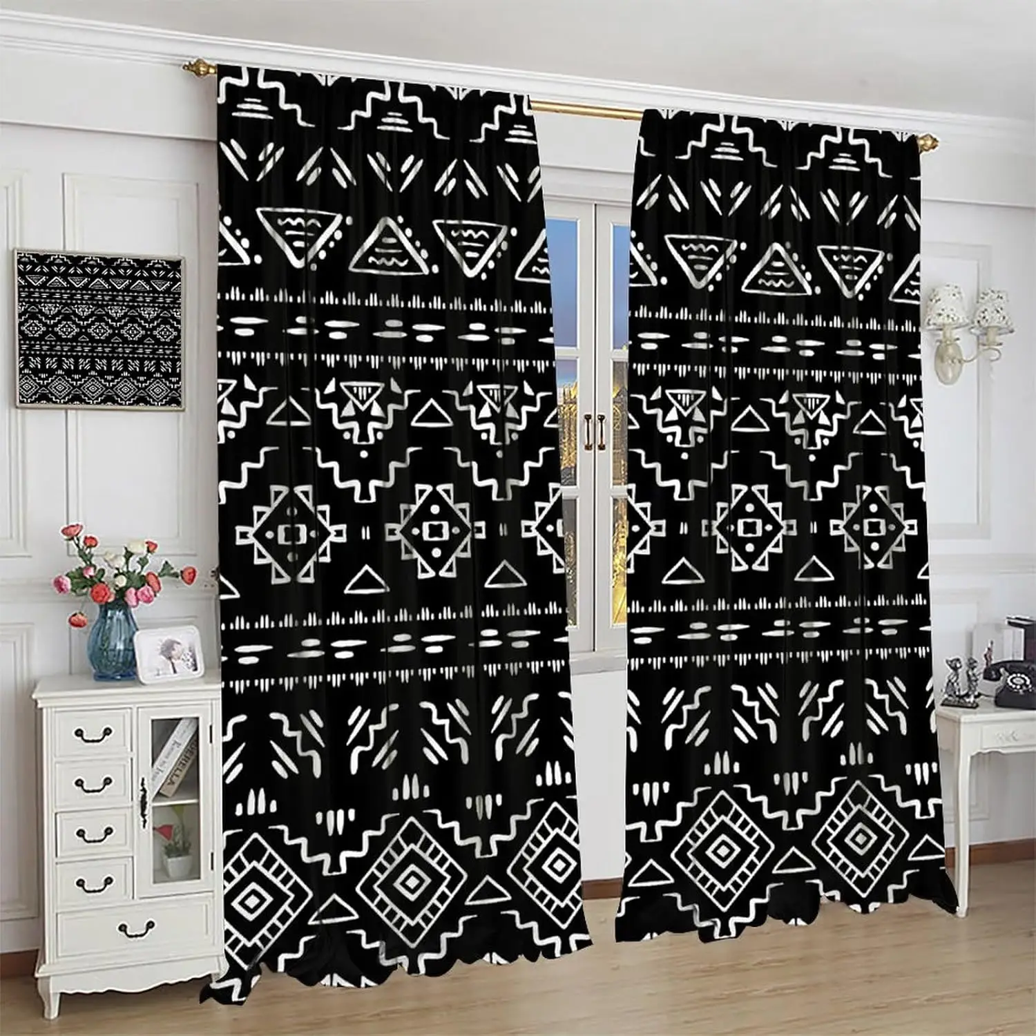 Aztec Blackout Curtains Tribal Navajo Geometric Vintage Black White Art Print for Bedroom Living Room Decor Rod Pocket Window
