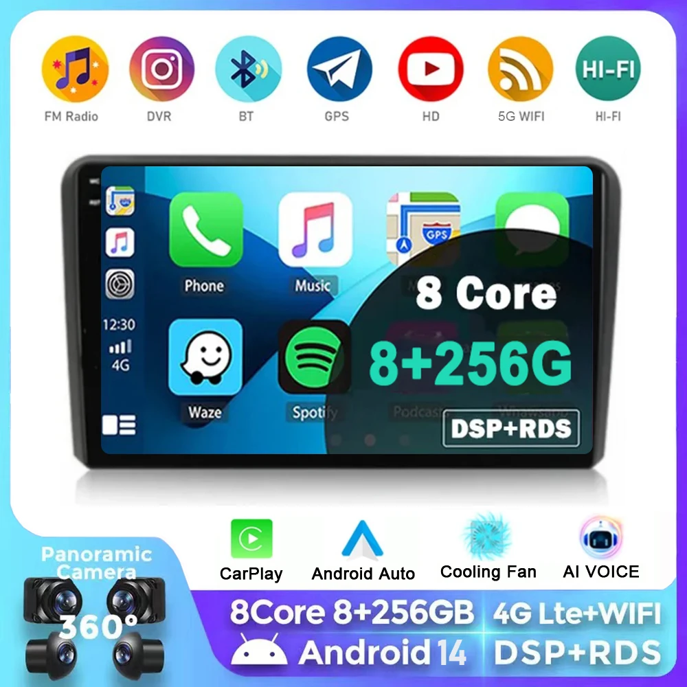 

9" Android 14 Car Radio Carplay For Audi A3 8P 2003-2011 S3 RS3 Sportback Multimedia Navigation RDS GPS No 2din Autoradio Auto