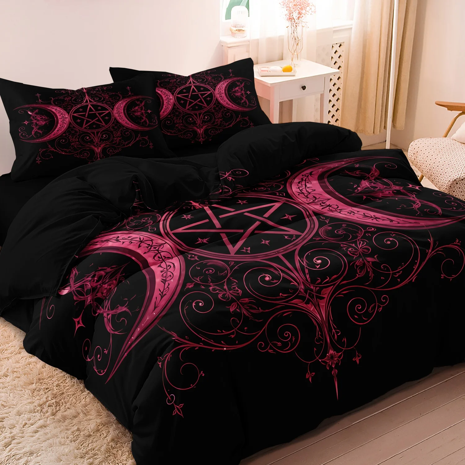 3pcs Set Gothic Triple Moon Starry Duvet Cover Exquisite Pink Red Botanical Bedding For Hotel And Family Dorm Decoration