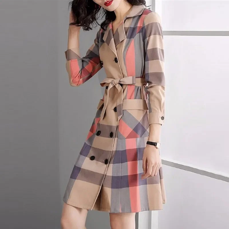 Pair Of Pairs Of Garibs Women\'s Coat Mid-Length 2024 Plaid Trench Coat Female Autumn And Winter British Style Slim Suit Collar X