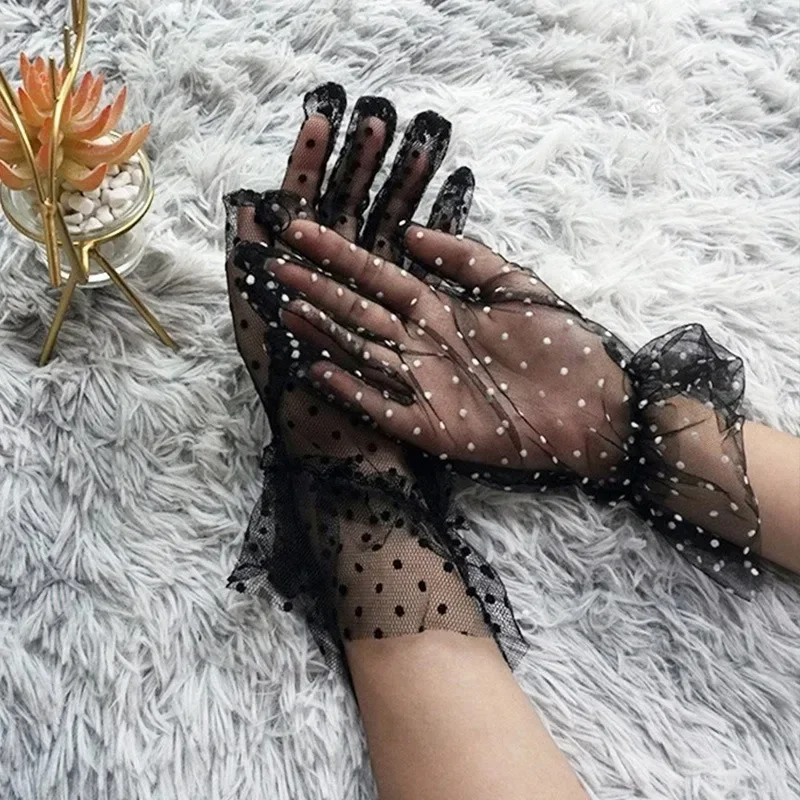 Sexy Transparentes Dot Print Black White Mesh Tulle GloveSpring Summer Thin Short Glove Club Prom Party Dancing Dress Glove
