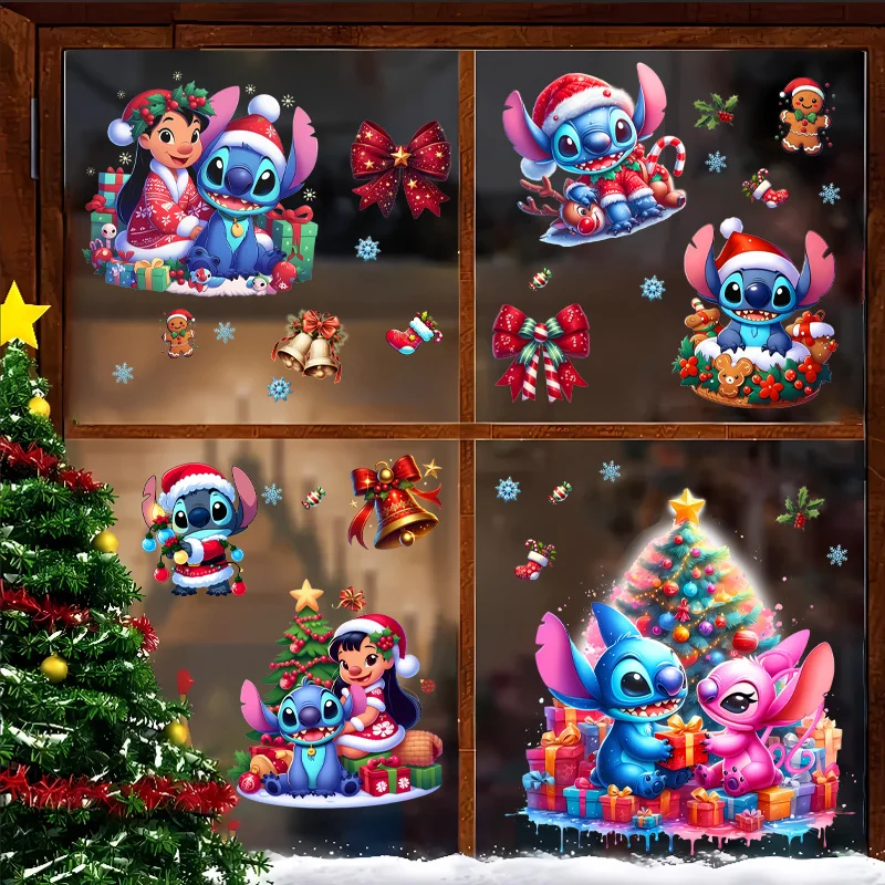 مجموعة واحدة من ملصقات Lilo & Stitch لعيد الميلاد، ديكور منزلي، عمل فني لعيد الميلاد من Disney، مناسبة لتزيين الأماكن الداخلية والنافذة والشرفة والمرآة #5