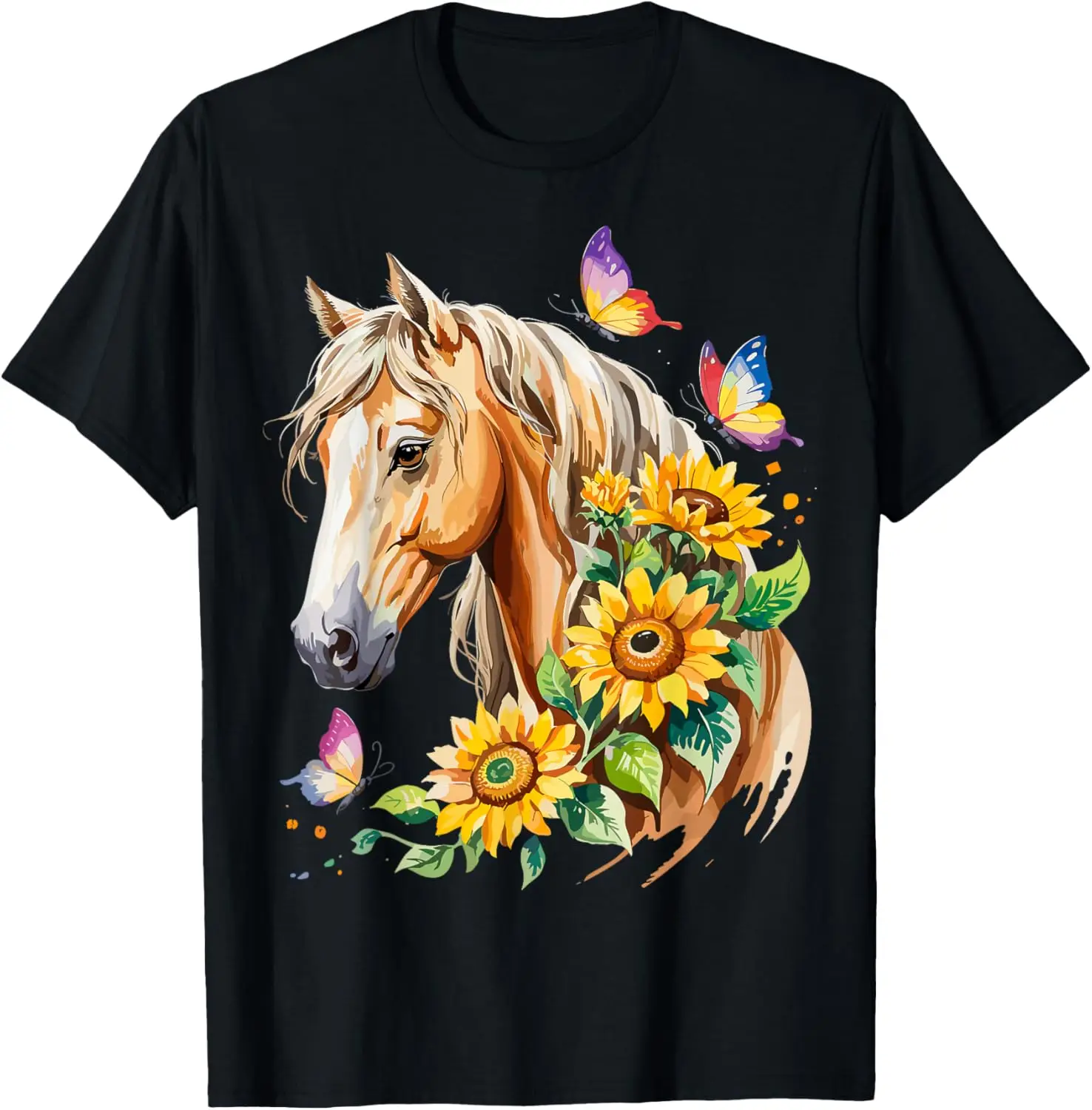 

Horse and Sunflower Butterfly Graphic Tee Women Casual Short Sleeve Round Neck T-Shirt Breathable