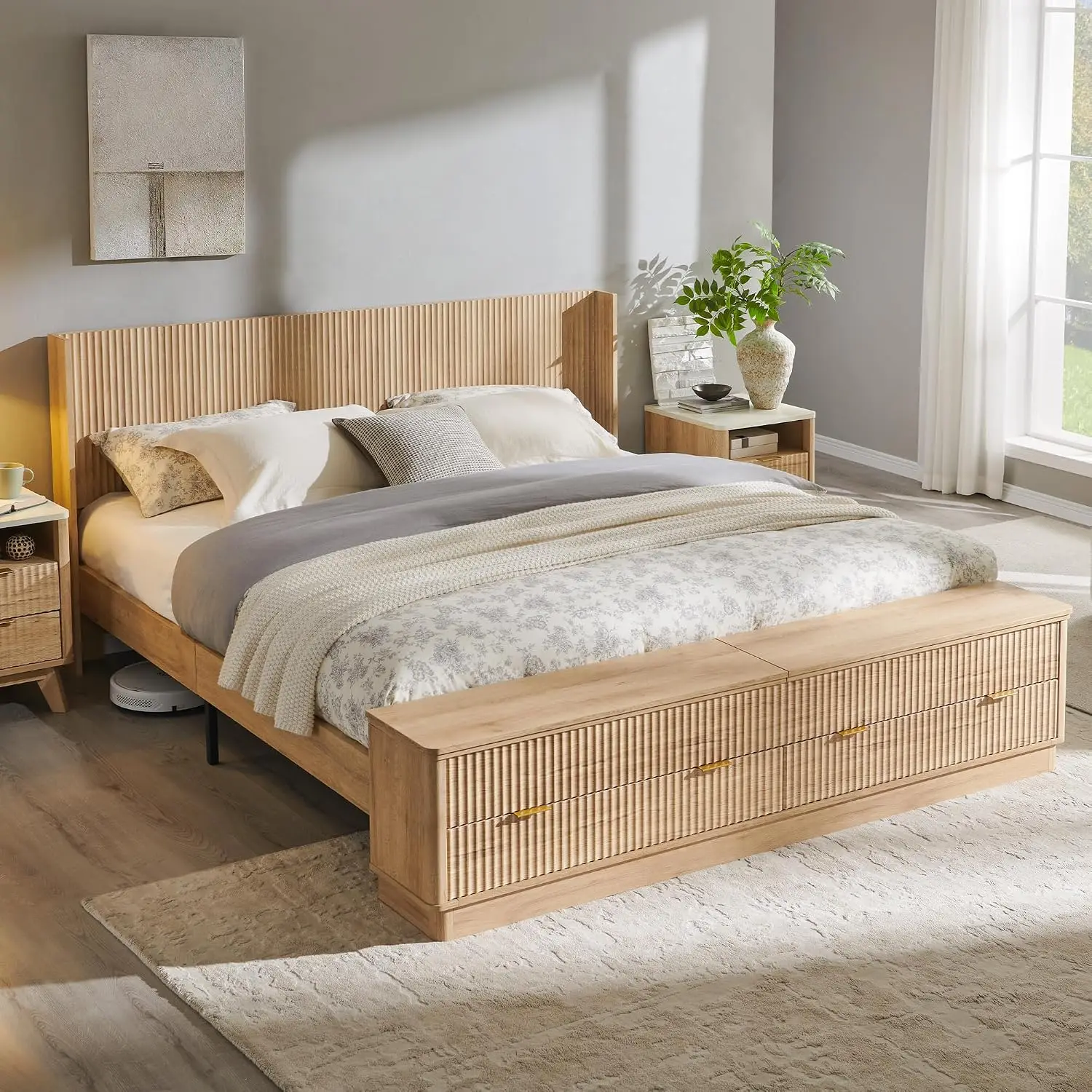 Fluted King Bed with Headboard and Storage Bench, Natural Oak | Wingback Design, Footboard Drawers and, Customized