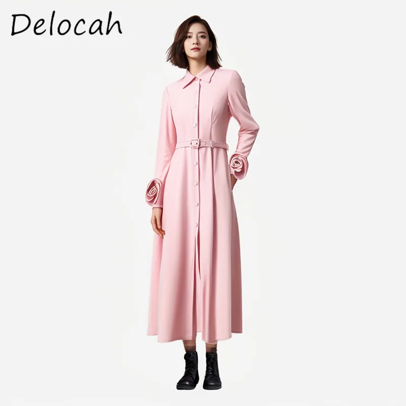 

Delocah High-Quality Fashion Design Women's Flip Collar Cuff Applique Single Breasted Waist Belt Slimming Pink A-line Dress