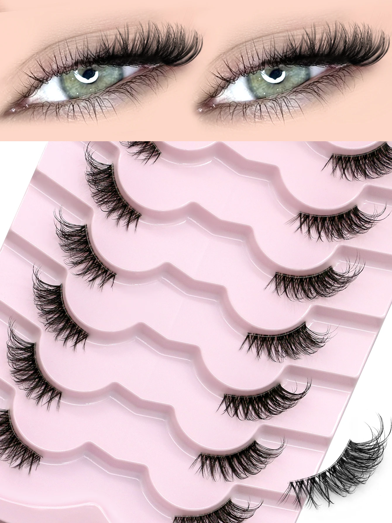 Lasvirey Flauschige halbe Wimpern, natürliche Katzenaugen-Wimpern, weich, dünn, klarer Stiel, natürlicher Look, 3D-Faux-Nerzwimpern-Make-up