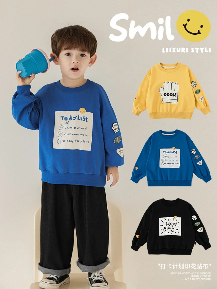 Boys' Sweatshirt 2024 New Popular Spring Long Sleeved Round Neck Loose Smiling Face Embroidered Top Trend