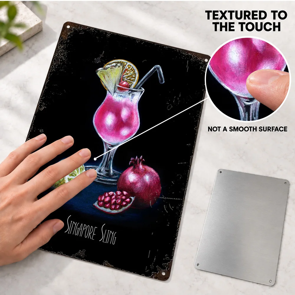 Singapore Sling With Pomegranate Printed Poster Personalized Aluminum Metal Sign Bold Graphic Wall Art For Restaurant Lounge