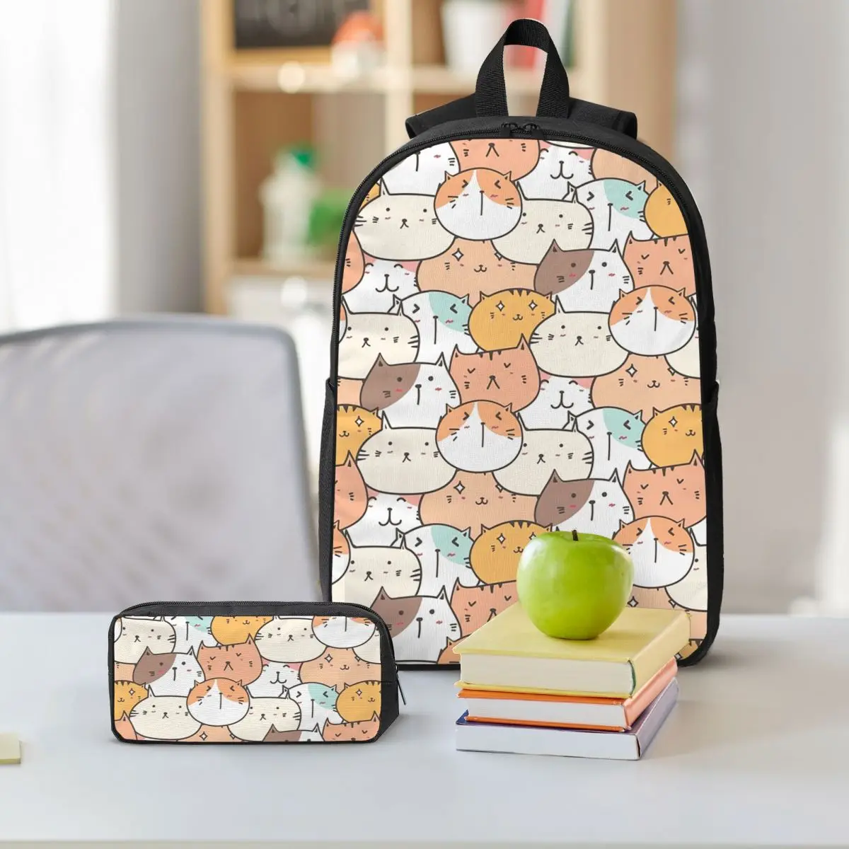 Adorable Colorful Kitten Cat Cartoon Backpack Boys Girls BookBag School Bag Shoulder Bags 3ps Insulated Lunch Bag Pencil Case