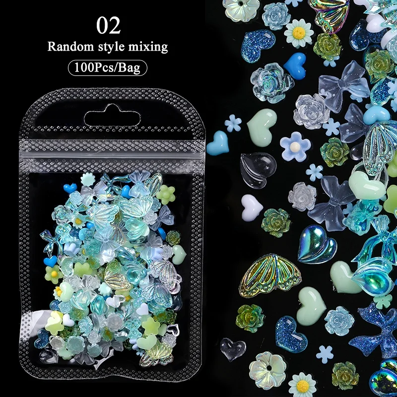 100PC/Bag 3D Nail Art Decoration Kit with Resin Bows Flat Back Pearls and Assorted Shapes Unscented DIY Craft Embellishments