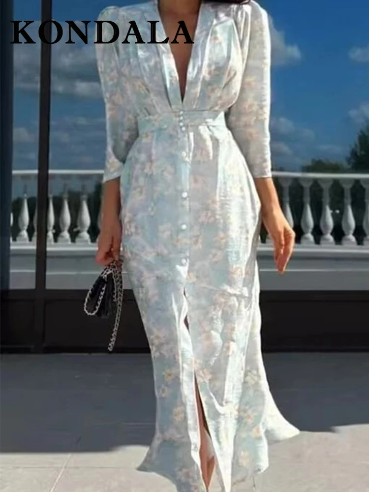 KONDALA Chic Flora Pleated Beads Woman Dresses Elegant Wedding Guest V-Nec Dress Party Fashion 2025 Puff Sleeve Female Vestidos