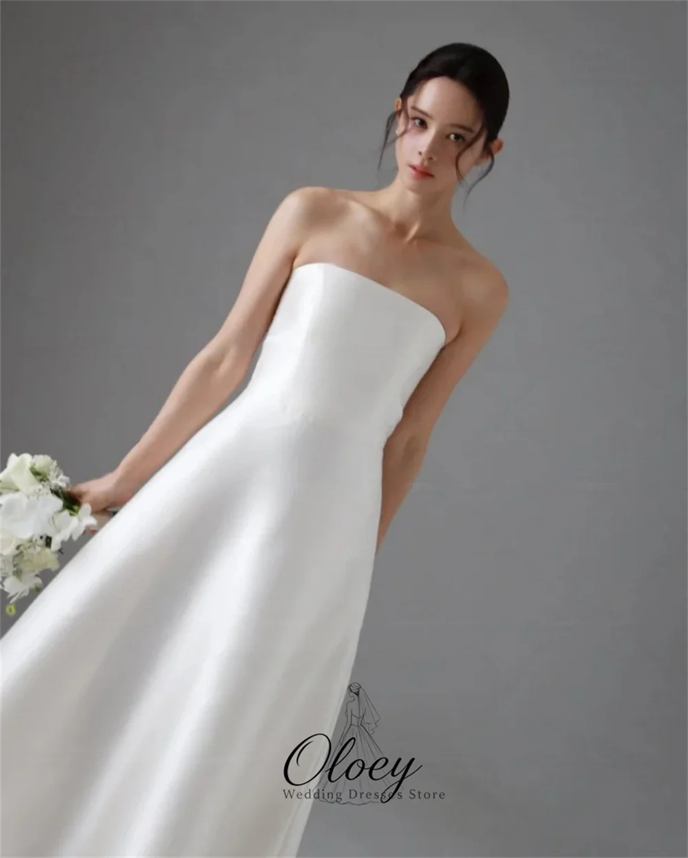 OLOEY Minimalist Strapless Korea Wedding Dress Photo Shoot With Scarf A-Line Satin Bridal Gown Customized Outdoor Wedding Dress