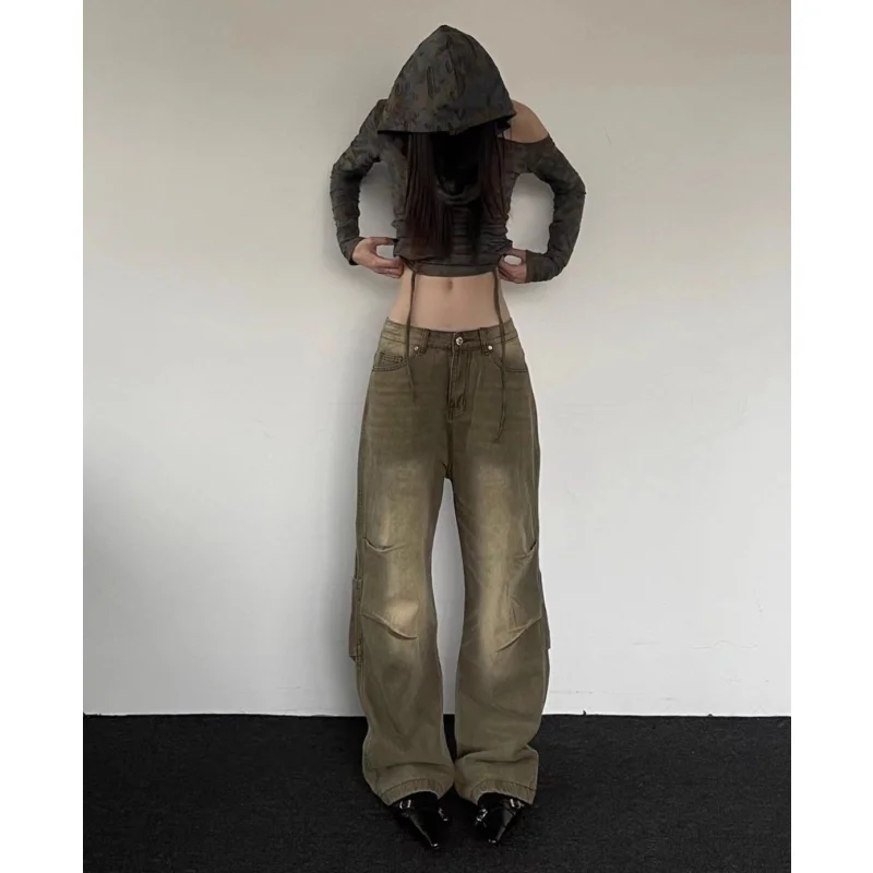 Khaki Vintage High Waist Women Jeans Fashion Streetwear Wide Leg Jean Hip-hop Y2K Style Female Trouser 2024 Baggy Denim Pants