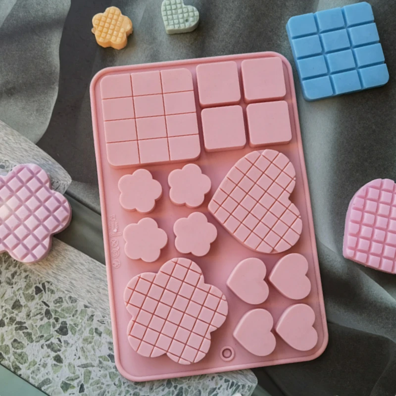 Porous Waffle Love Silicone Baking Mould Heart Flower Chocolate Jelly Ice Mold Square Cake Decor Making Set DIY Soap Candle Gift