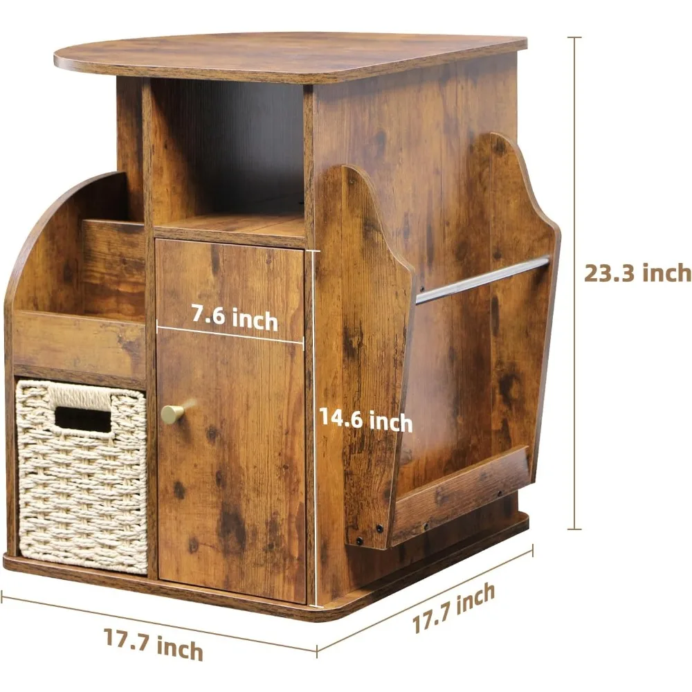 TooCust Rotating End Table with Storage, Rotating Side Table Living Room, Side Table with Magazine Holder, Basket and Cabinet, S