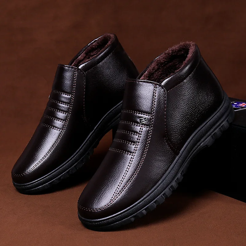 Chaussures en cuir décontractées imperméables pour hommes, chaussures montantes à enfiler au glouton, chaussures de travail chaudes, grande taille,