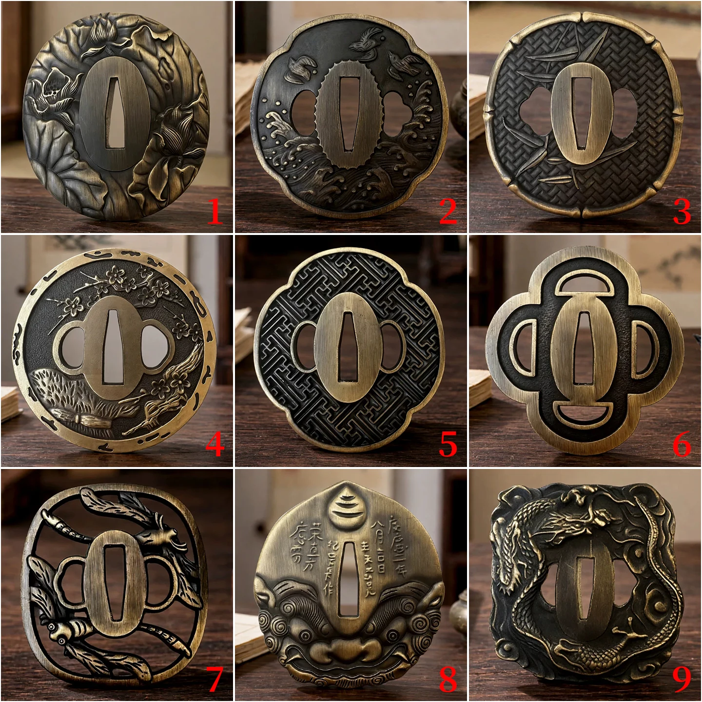 9 Styles Japanese Tsuba Sword Guard Alloy Tsuba Lotus Wave Bamboo Plum Dragon Lion Dragonfly Pattern