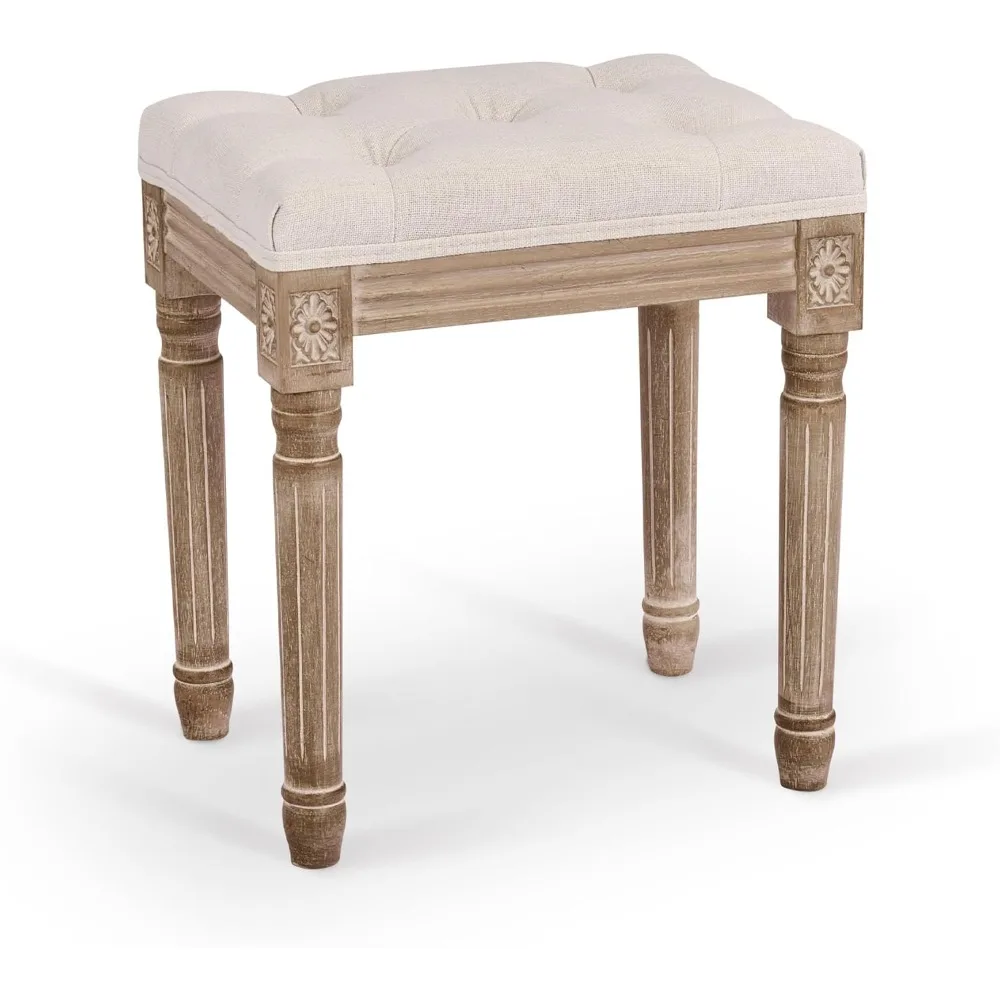 Osman stool, 18.5 inches high, beige color, cushion seat, wood frame, button velvet, for dining room, living room, bedroom