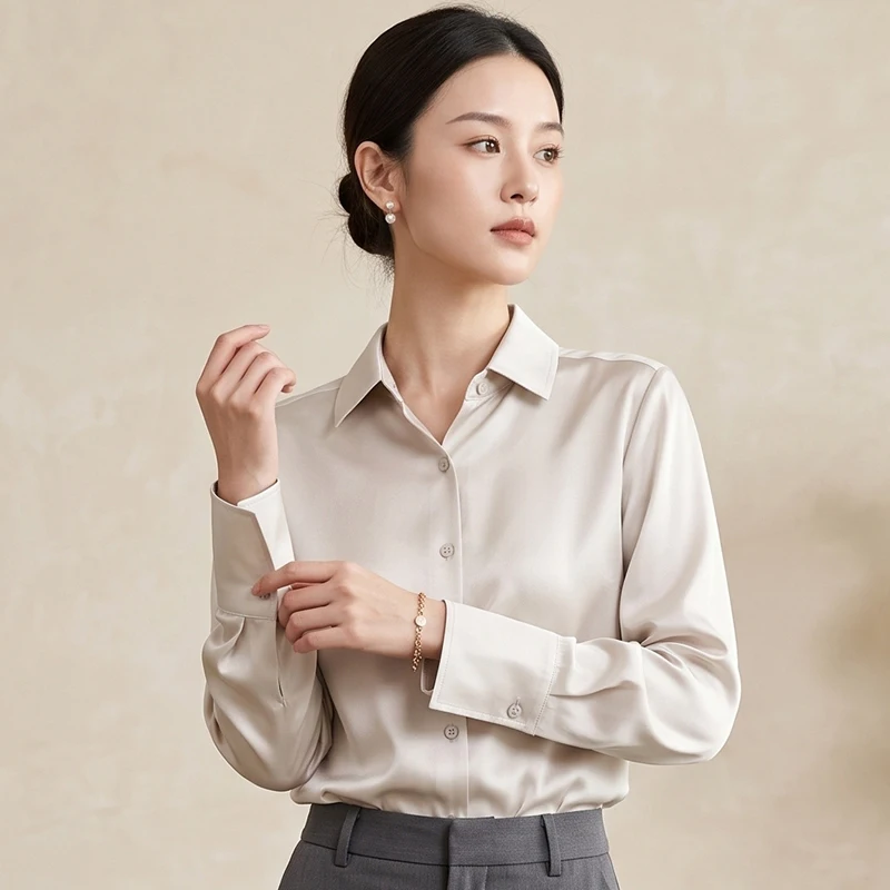 100% Twill Silk Women's Shirt, Turn-down Collar Loose Mulberry Silk Long-Sleeve Blouse, Solid Color Simple Commuter Top