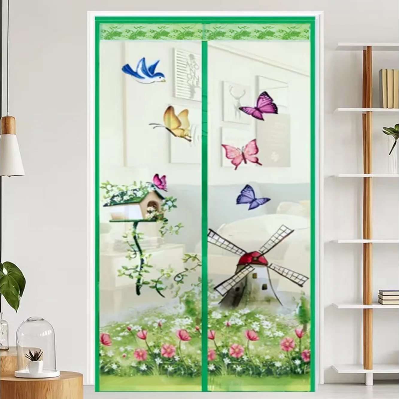 Summer Colored Printed Magnetic Screen Door, Fashionable Windmill Green Mesh Door Curtain, Home Use, Drill-Free Magnetic Mesh Sc