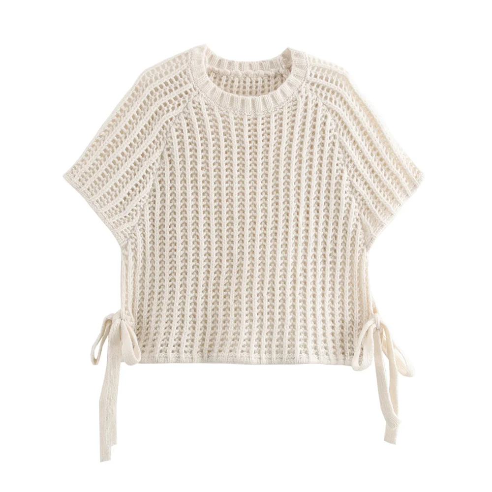 TRAF Autumn New Product Women's Fashion Casual Face Decoration Design Round Neck Short Sleeve Sweater Top
