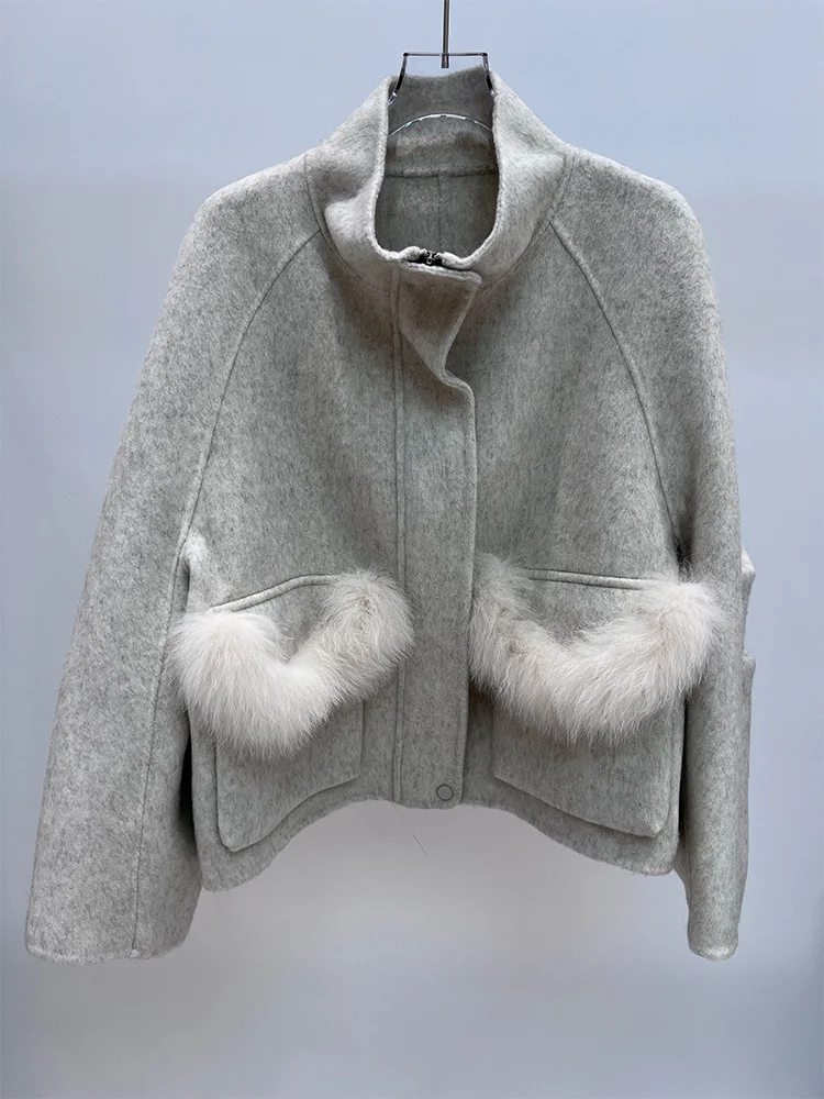 겨울 천연 여우털 칼라 울 재킷 여성용 따뜻한 코트 럭셔리 두꺼운 여성 코트