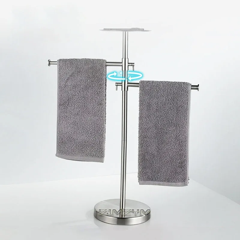 Freestanding Towel Rack Swivel Extendable 2‑Bar Brushed Stainless Steel Standing Towel Holder with Top Storage Tray for Bathroom