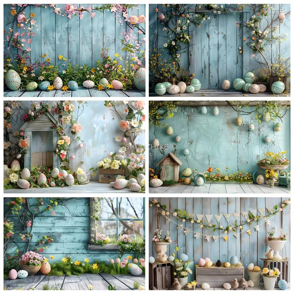 

Blue Wood Board Wall Easter Photography Backdrops Easter Colorful Eggs Spring Flower Baby Portrait Background Photo Studio Props