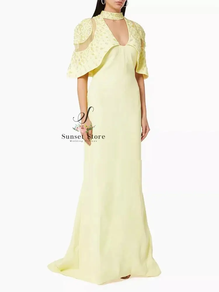 Customized   Yellow High Neck Mermaid Crepe Evening Dress Exquisite Hand-Sewn Beading Cap Sleeve Women's Wedding Guest Gown