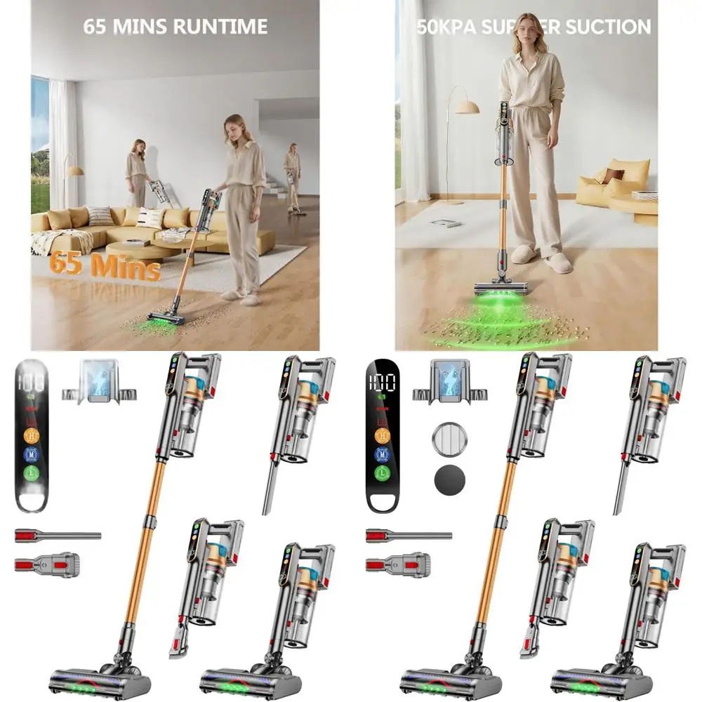 

600W 50kPa 65-Minute Cordless Vacuum Cleaner, 1.8L Capacity with LED Stick for Home, Pet Hair and Carpet Cleaning