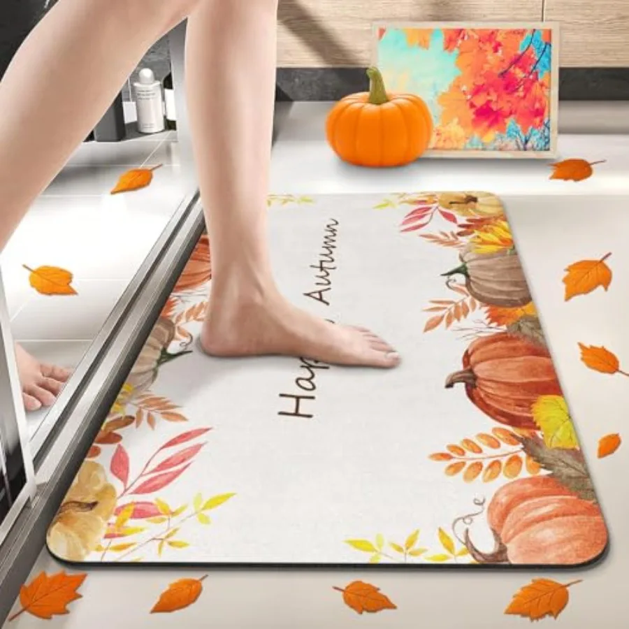 

Happy Autumn Bath Mat for Bathroom, Fall Watercolor Quick Dry and Super Absorbent Bath Mat Rug, Non Slip Rubber Backing Floor R