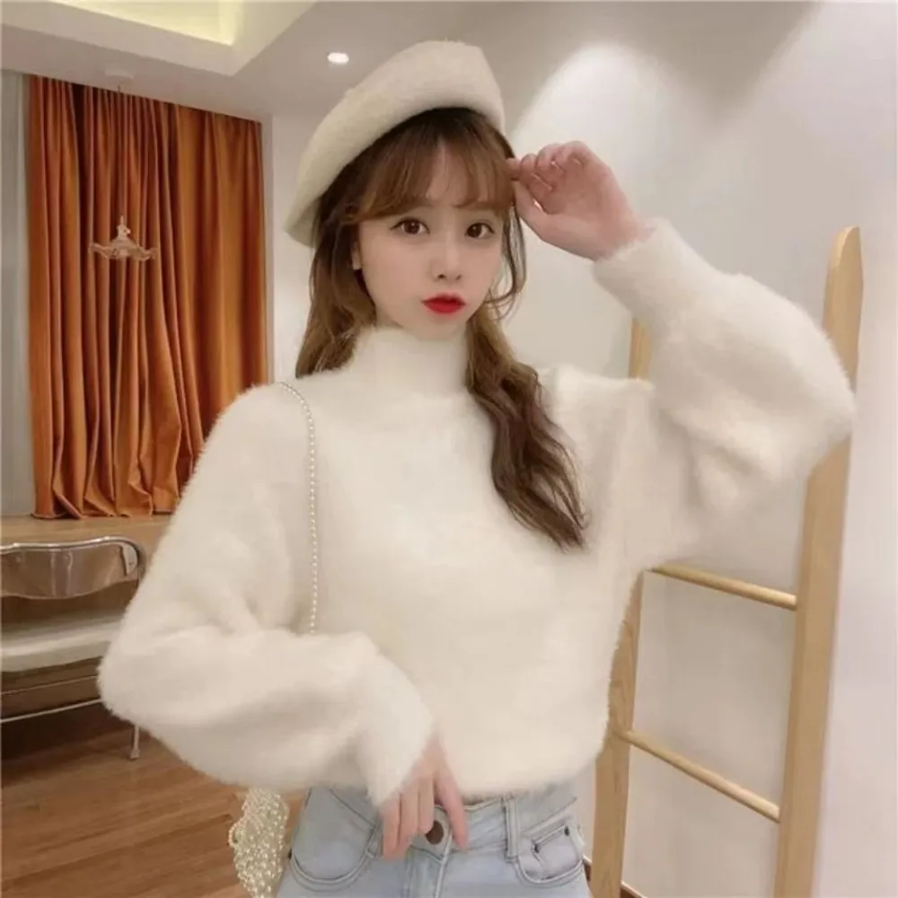 2025 Winter Imitate Mink Wool Hot Fleecing Female Turtleneck Elastic Casual Sweater Women Knitted Tops Pullovers Soft Warm