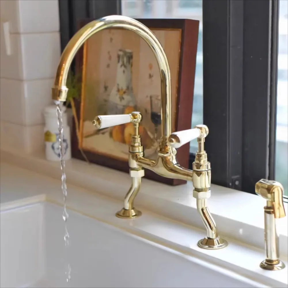 

Classic Vintage Gold Brass Kitchen Sink Faucet European Two Handles Bridge Mixer Ceramic Valve Core for Bathroom