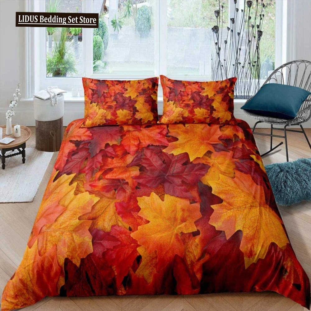 

Maple Leaves Duvet Cover Set Colorful Autumn Season Maple Leaves In Unusual Designs Nature Print King Size 2/3pcs Bedding Set