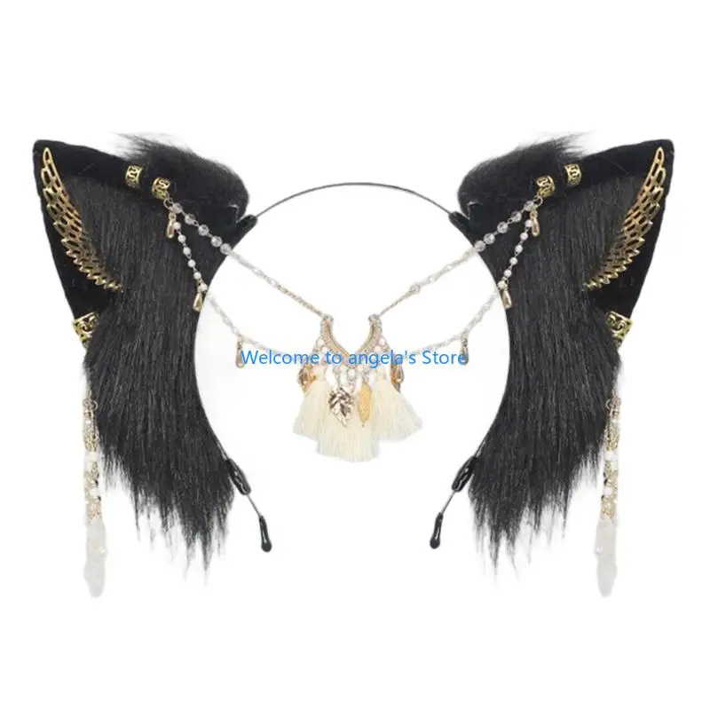 X4YC Fasce per capelli con orecchie lupo in peluche fatte a mano Coda in pelliccia sintetica per costumi Halloween Cosplay