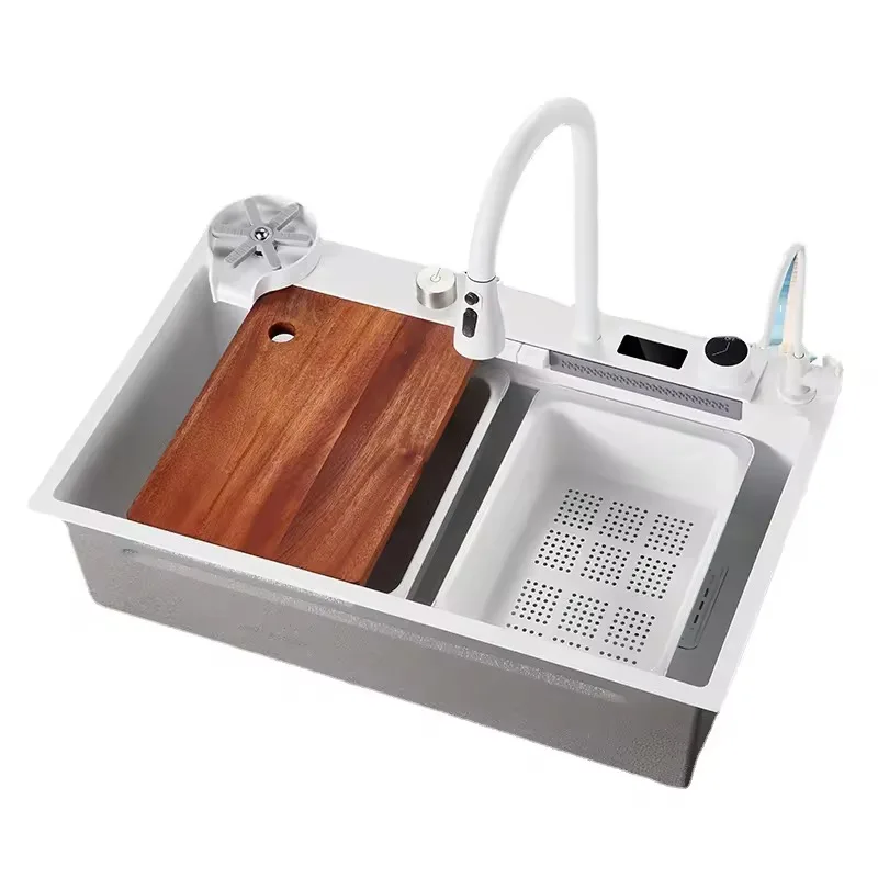Sink,High End Handmade Single Bowl Smart Kitchen Sink With Digital LED Temperature Display And Luxury Waterfall Rainfall Faucet