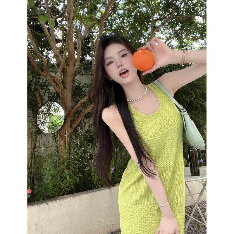 Real Shot Forest Style Sleeveless Knitted Vest Dress Women New Elegant Sweet Gentle Vacation Dress