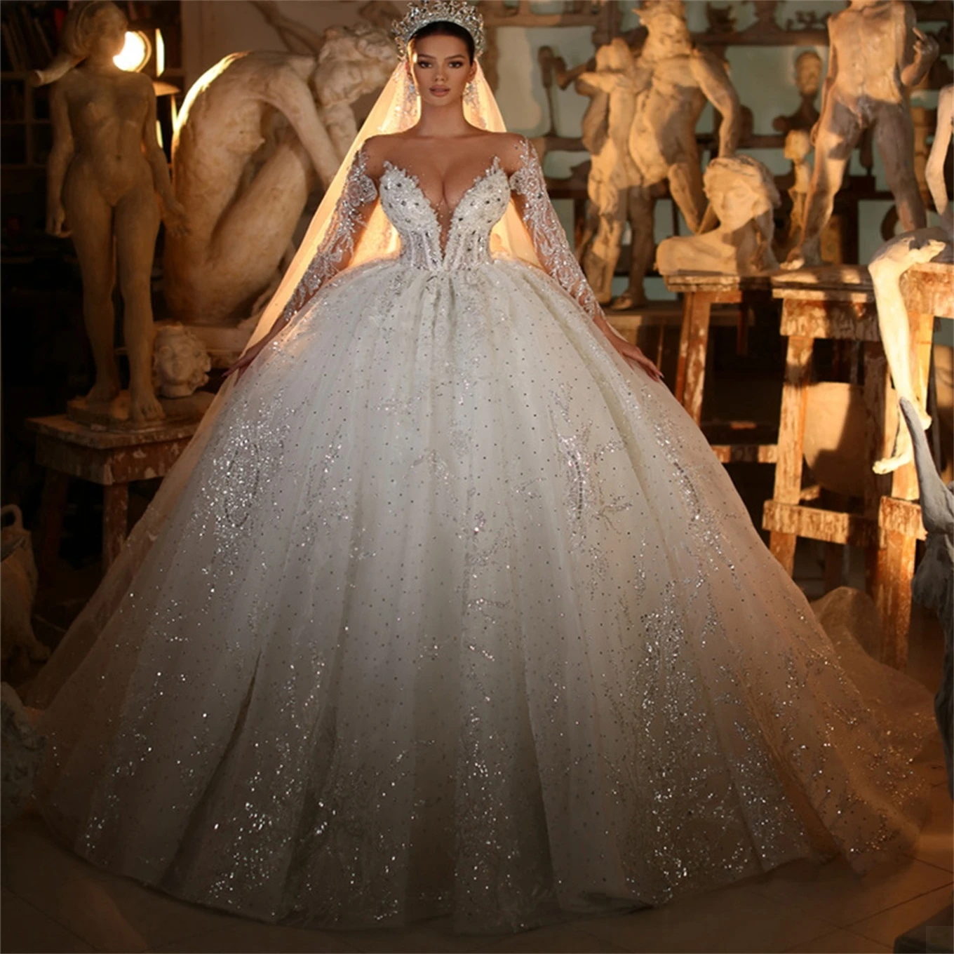 

Arabic Luxury Ball Gown Wedding Dresses Off Shoulder Long Sleeve Sequins Appliques Bridal Dresses Custom Made Wedding Gowns