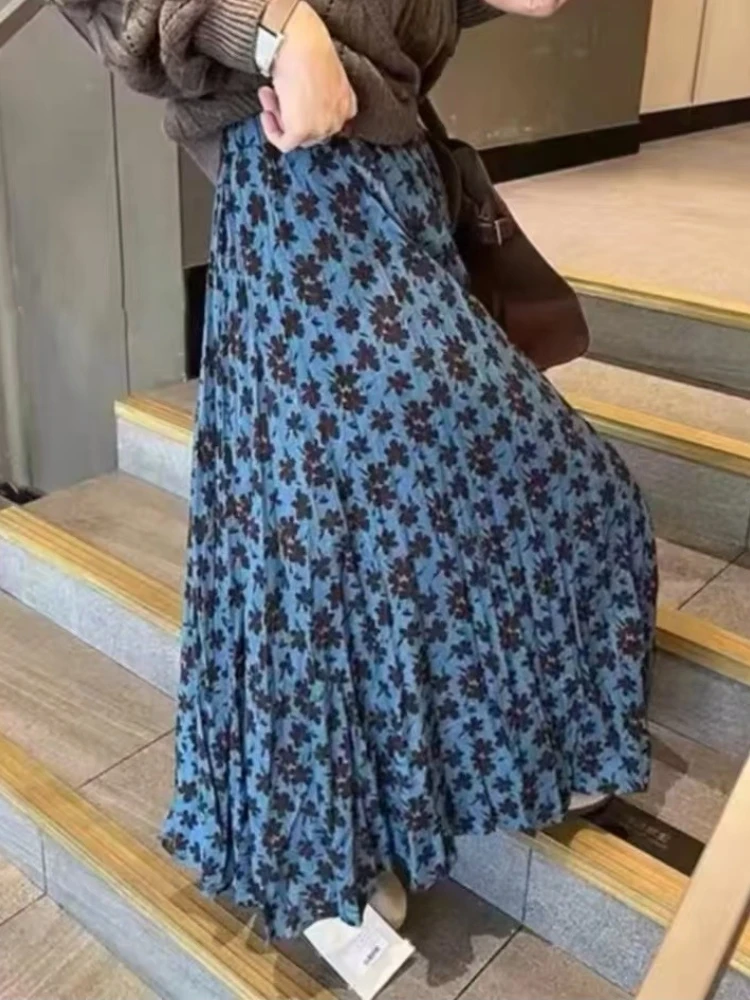 2026 Summer High Waist Ankle Length Skirts Retro Elastic Waist Print Folds Pleated Loose A Line Skirt with Lining Y2k Streetwear